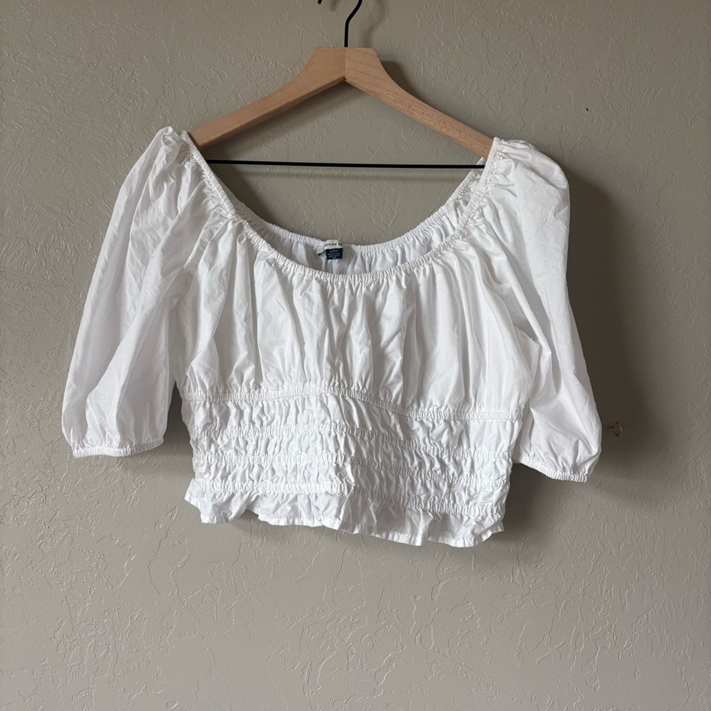 White Cotton Blouse Puff Sleeve Crop Top Cottagecore Prairie Top L